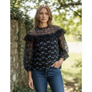 Pearl By Lela Rose Floral Embroidered Tulle Flounce Blouse Ruffled Sheer Size S